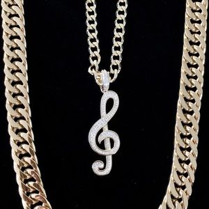 MUSIC NOTE SET FULL DIAMONDS CZ 18K GOLD CHAIN